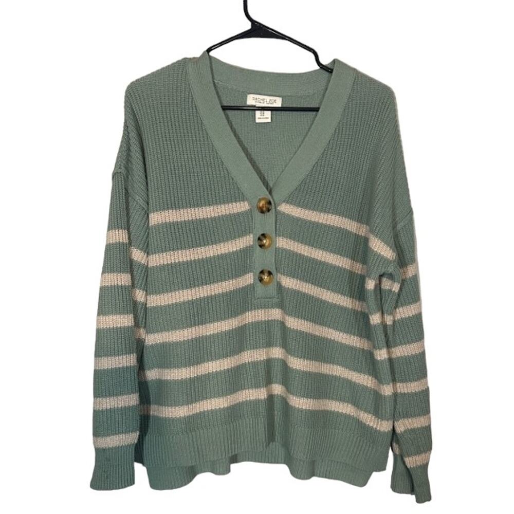 Rachel Zoe Women’s Green & Beige Long Sleeve Button-Detail Pullover Sweater Med